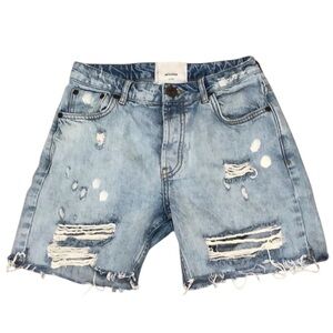 One Teaspoon Long Biker Jean Shorts Size 25 Light Blue Distressed Denim
